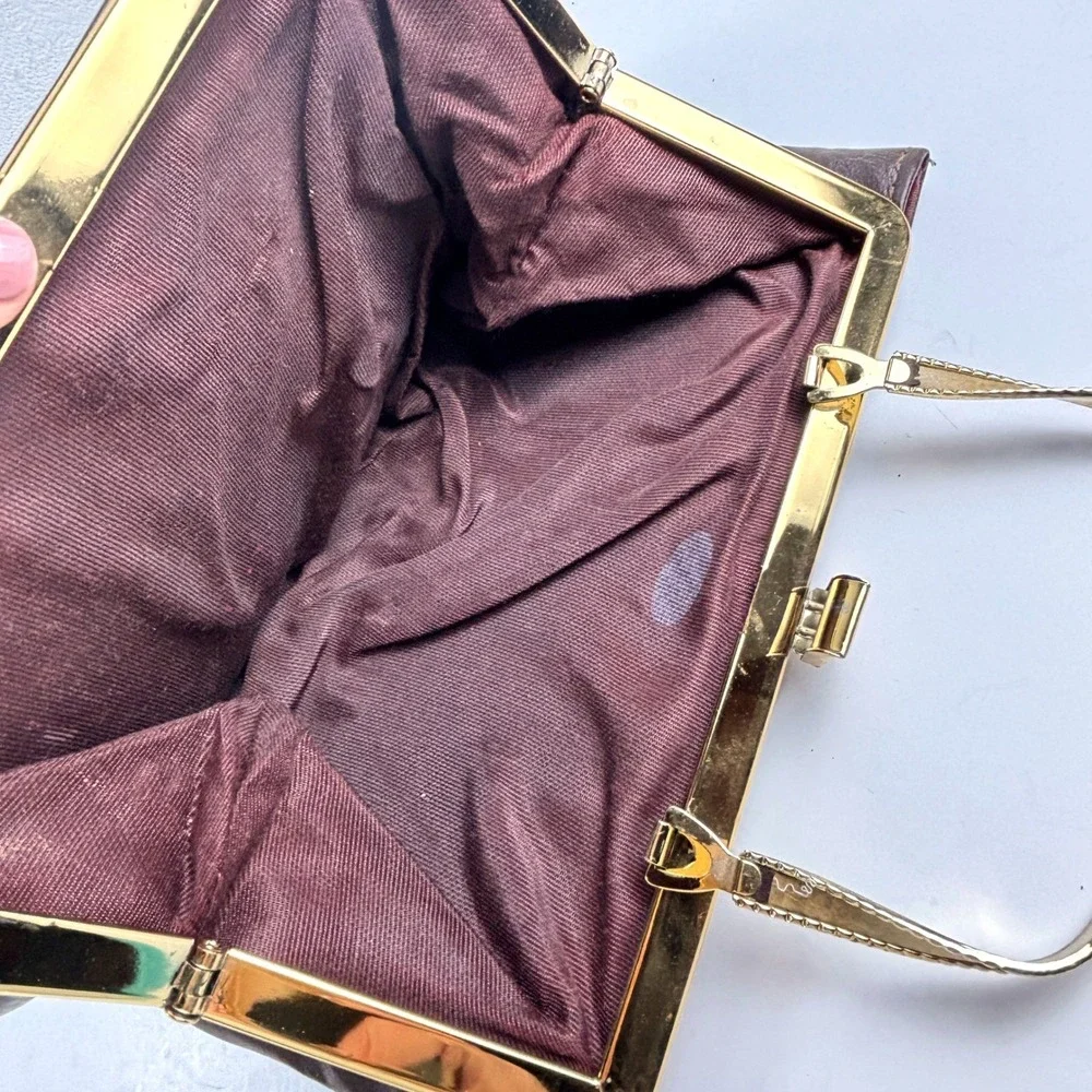 Vintage Leather‎ Clutch Bag Womens OS Brown Gold Handle Kiss Lock MCM 50's 60's
